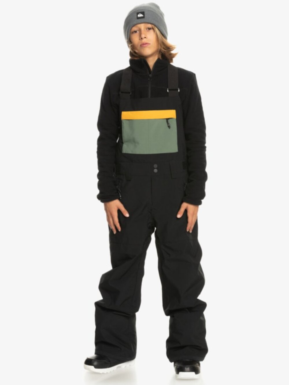 NWT Quiksilver Mash Up Black Snow Bib with Olive Chest Pocket and Yellow Trim